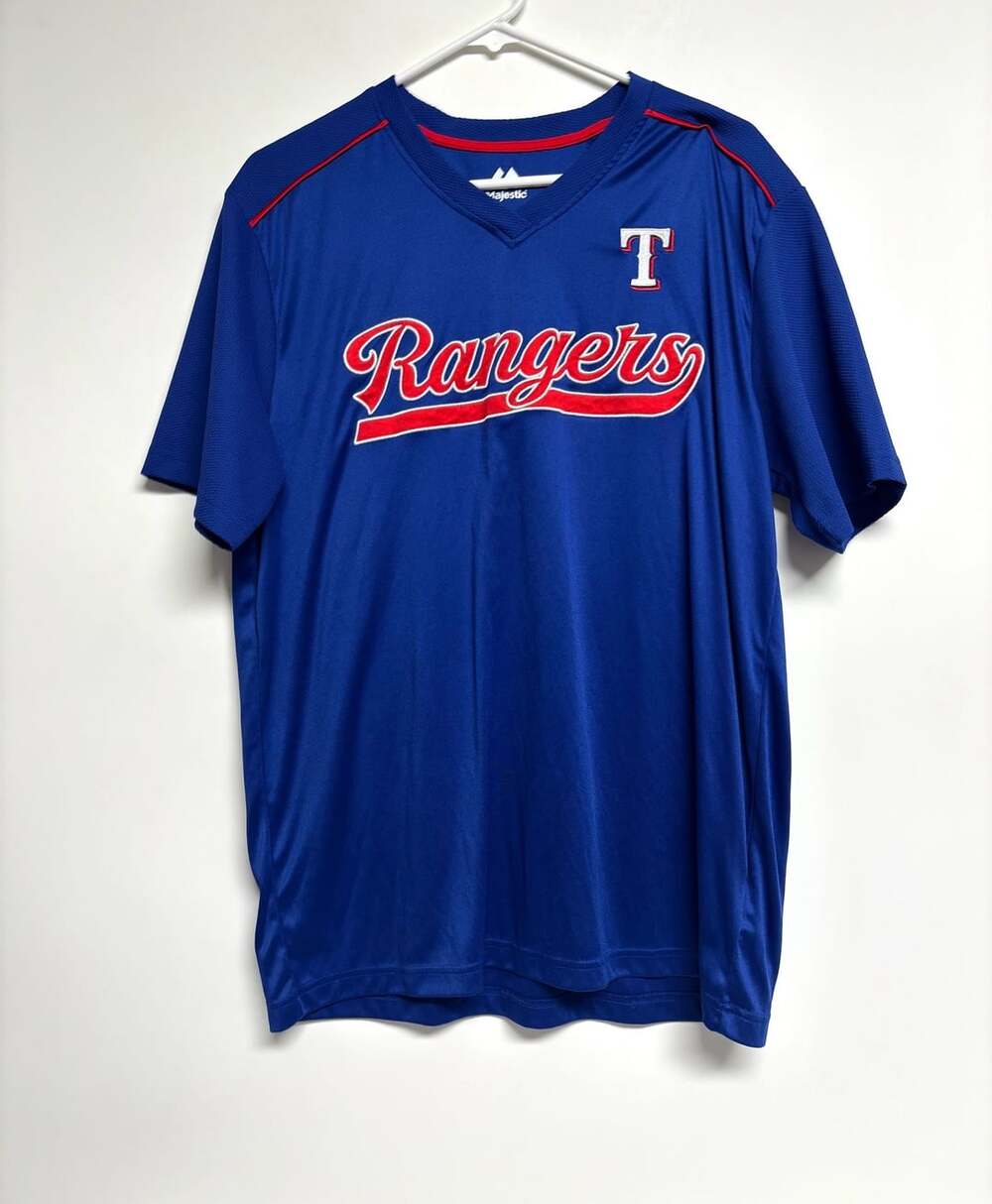 Majestic Texas Rangers V-Neck Jersey Size L Blue Sublimated MLB